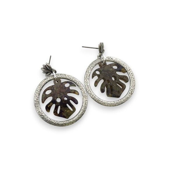Faux Abalone Monstera Leaf Hammertone Hoop Earrings Lotus Posts - Picture 2 of 13